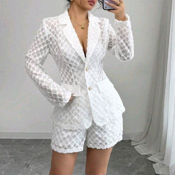 Plaid Jacquard Solid Color Casual Elegant Suit Jacket Shorts Outfit